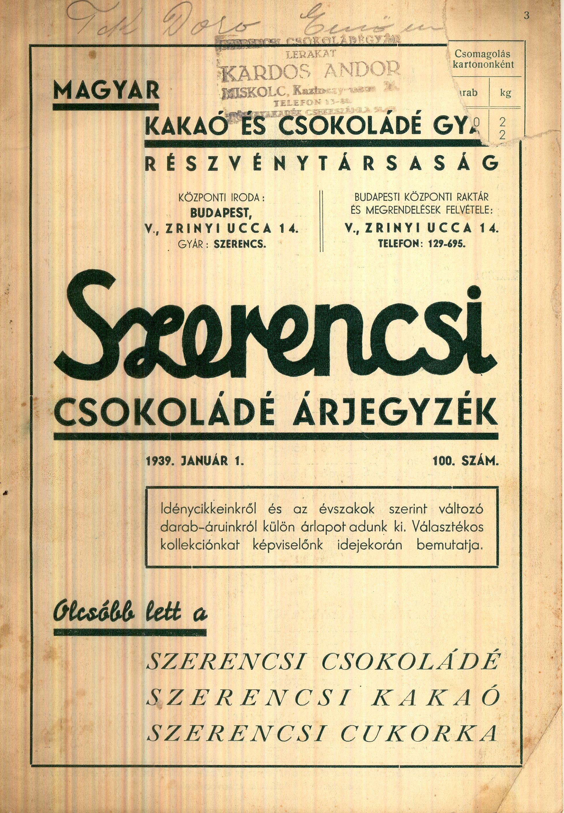 Szerencsi csokoládé árjegyzék (Magyar Kereskedelmi és Vendéglátóipari Múzeum CC BY-NC-SA)