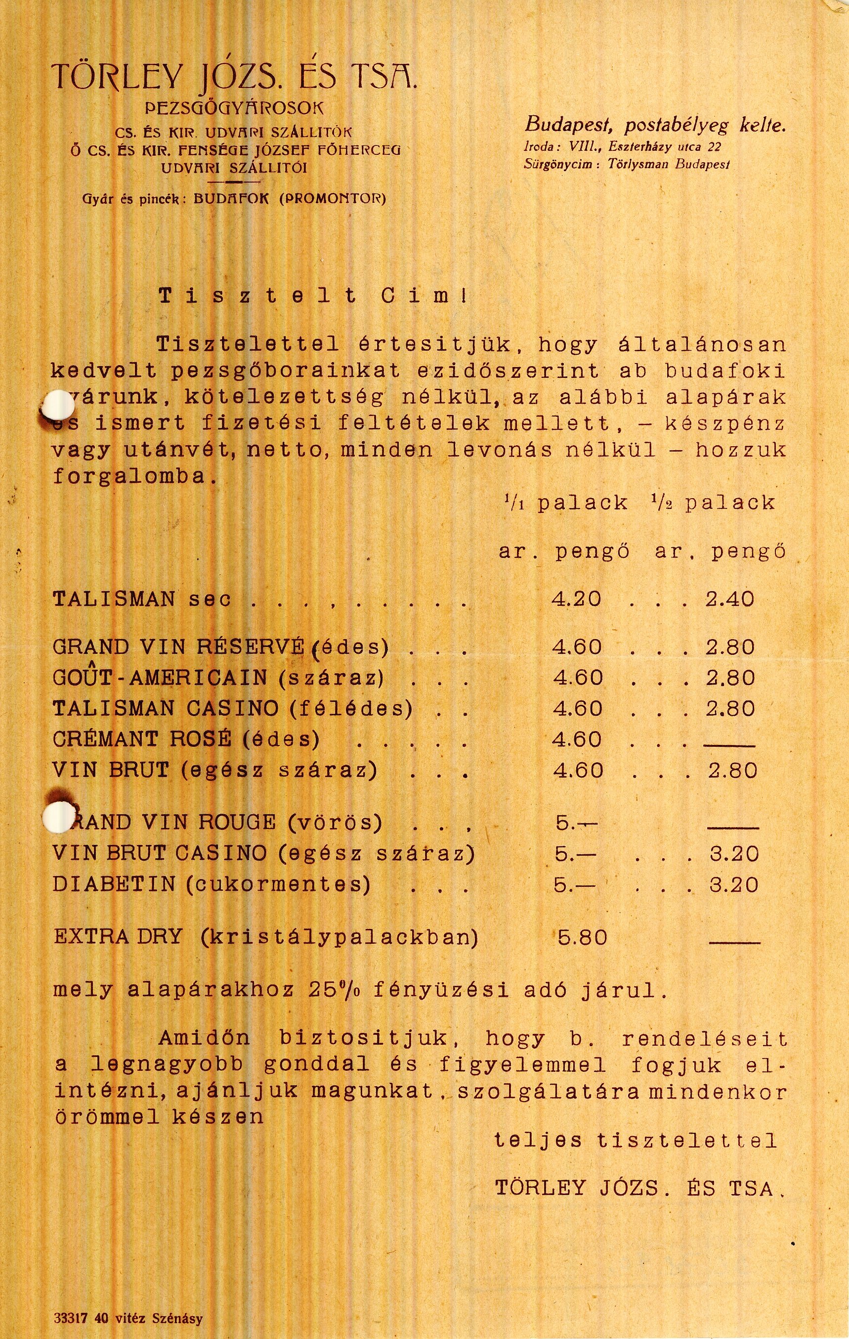 Törley árlap (Magyar Kereskedelmi és Vendéglátóipari Múzeum CC BY-NC-SA)