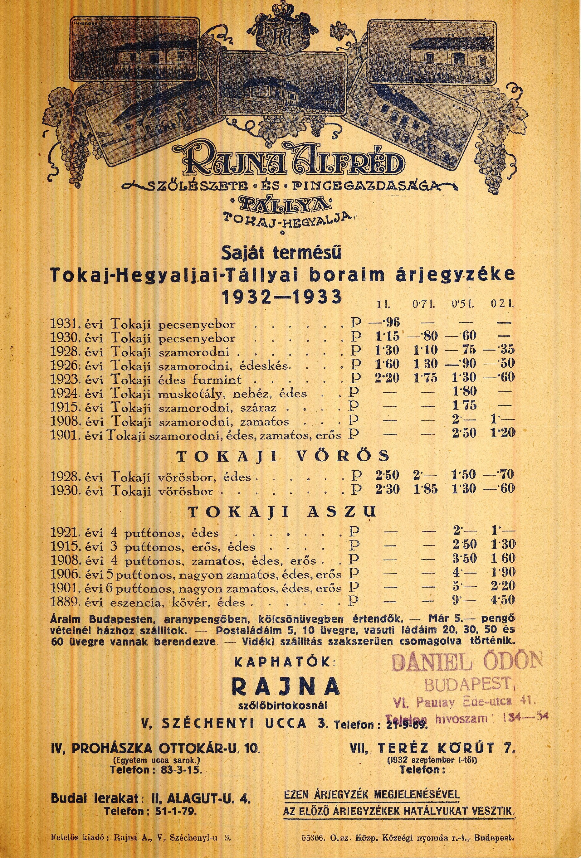 Rajna Alfréd árlap (Magyar Kereskedelmi és Vendéglátóipari Múzeum CC BY-NC-SA)