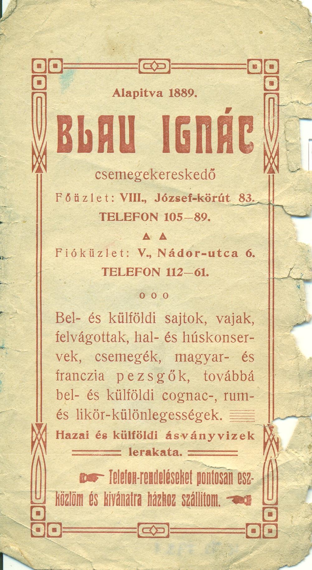 Blau Ignác csemegekereskedő (Magyar Kereskedelmi és Vendéglátóipari Múzeum CC BY-NC-SA)