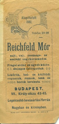 Reichfeld Mór vegyeskereskedése, kis- és nagykereskesés
