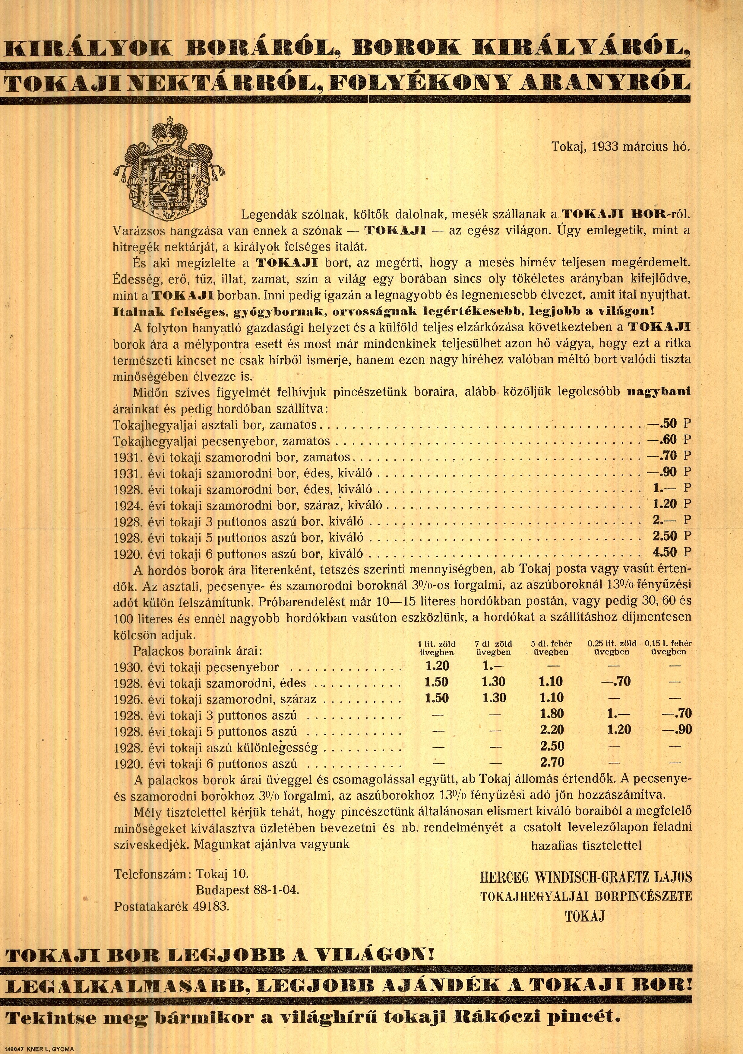 Windisch-Grätz herceg picészetének árjegyzéke (Magyar Kereskedelmi és Vendéglátóipari Múzeum CC BY-NC-SA)