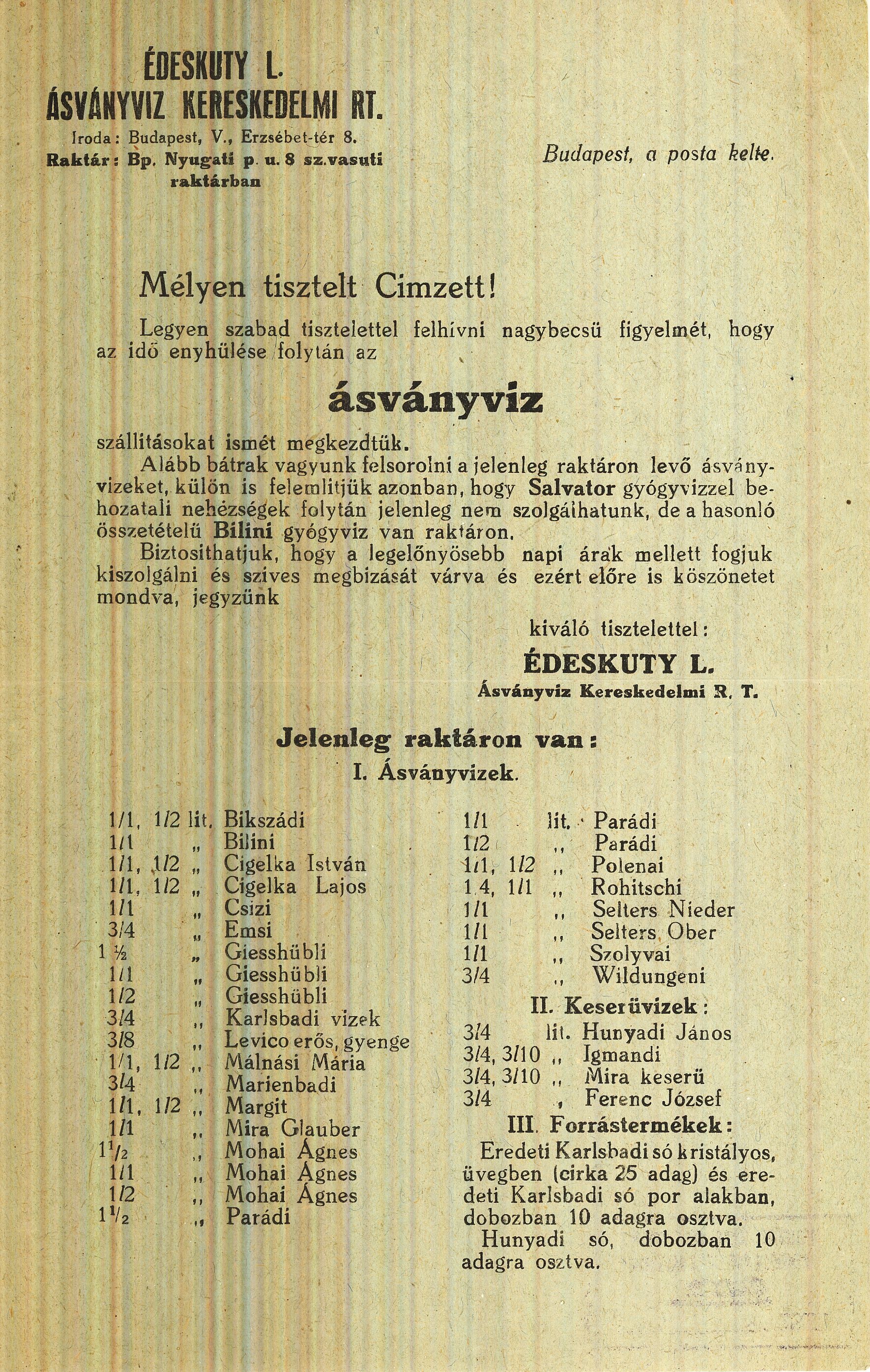 Édeskuty ásványvíz árjegyzék (Magyar Kereskedelmi és Vendéglátóipari Múzeum CC BY-NC-SA)