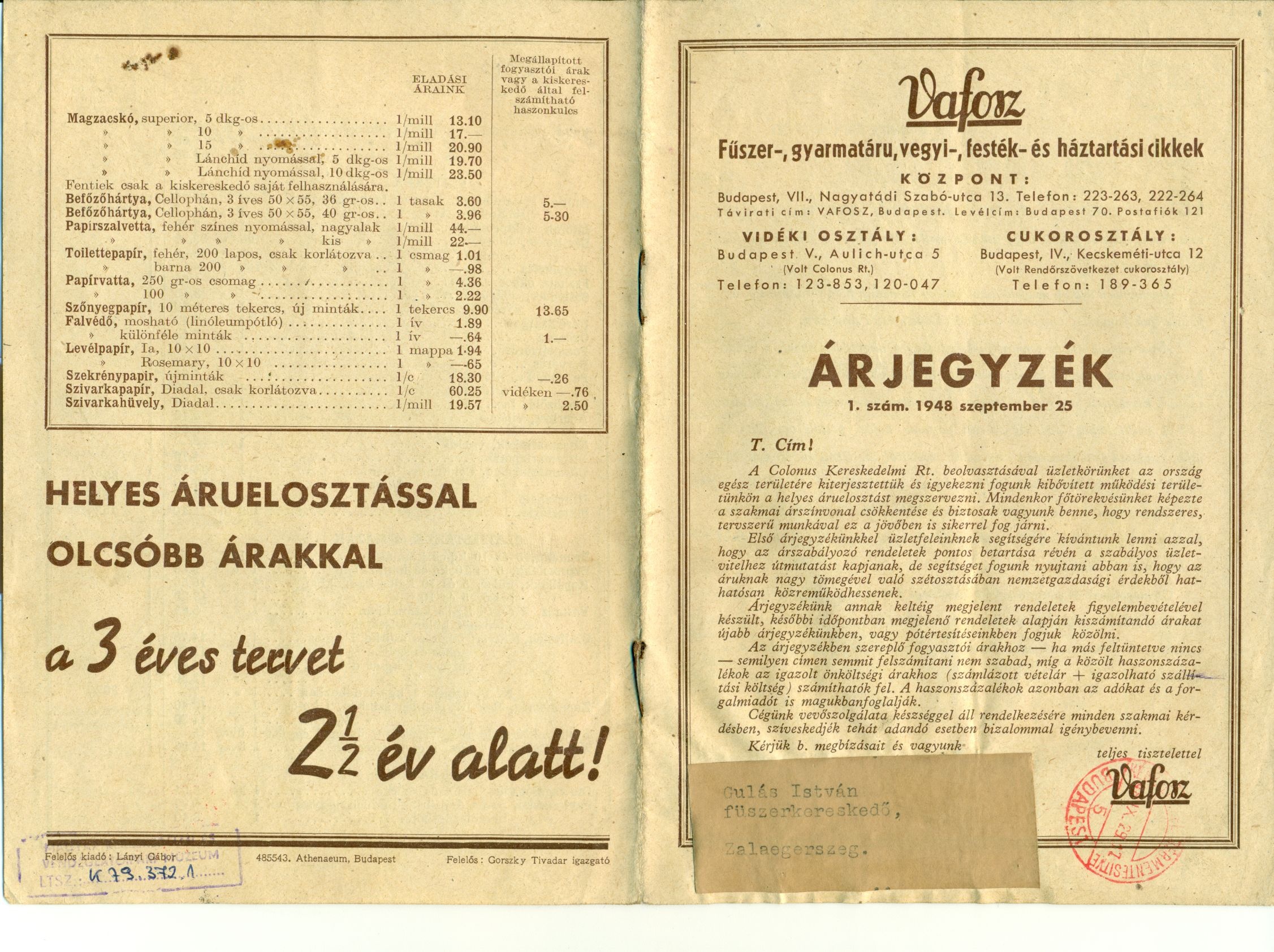 Fűszer-csemege ÁRJEGYZÉK (Magyar Kereskedelmi és Vendéglátóipari Múzeum CC BY-NC-SA)