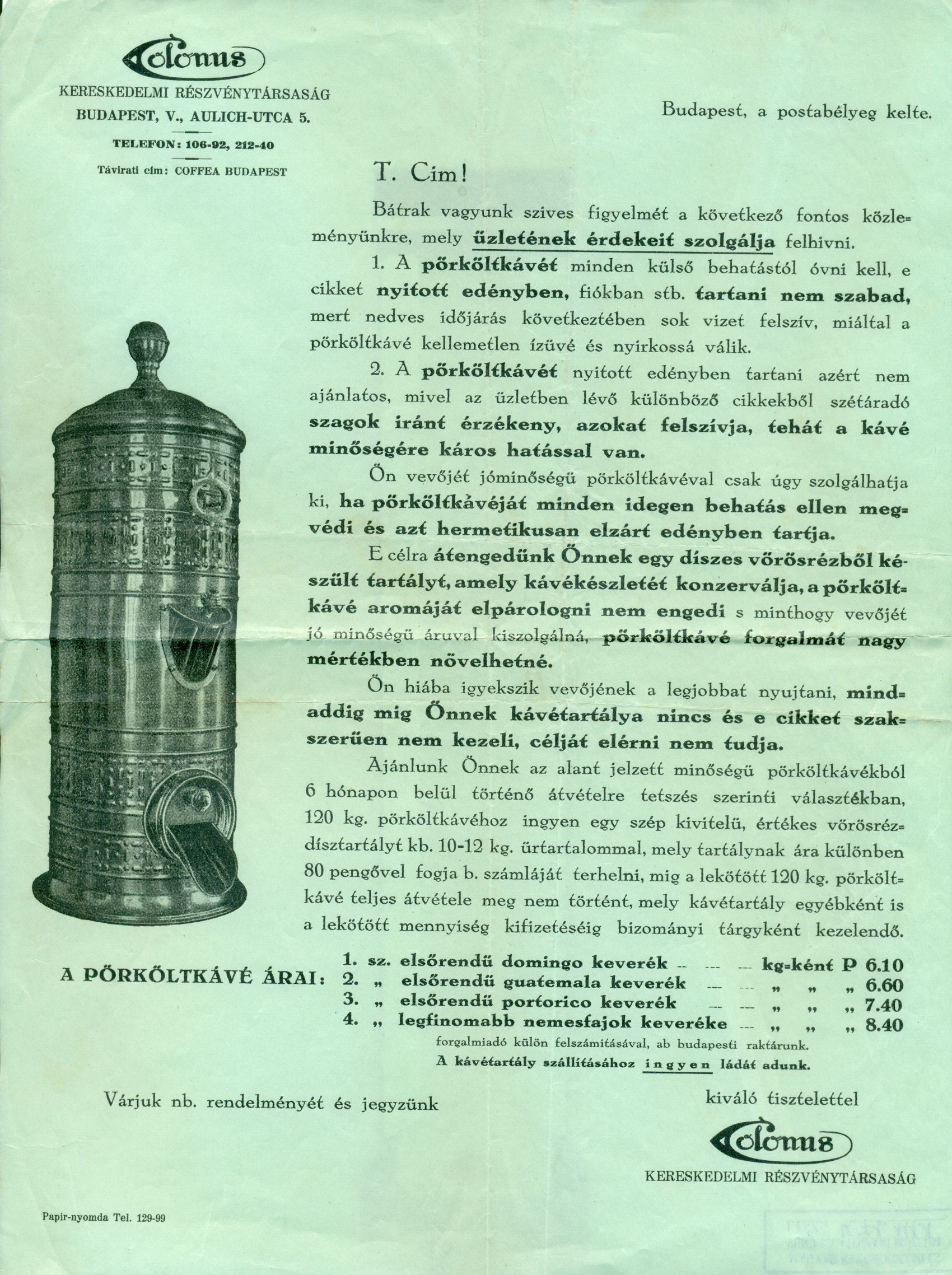 Colonus árlap (Magyar Kereskedelmi és Vendéglátóipari Múzeum CC BY-NC-SA)