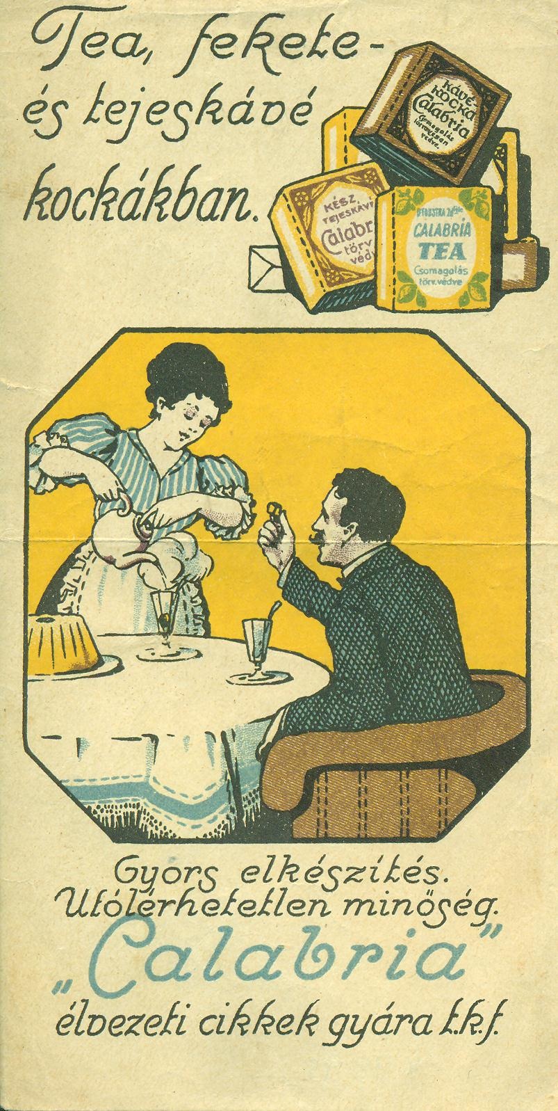 "Calabria" tea, fekete- és tejeskávé kocka (Magyar Kereskedelmi és Vendéglátóipari Múzeum CC BY-NC-SA)