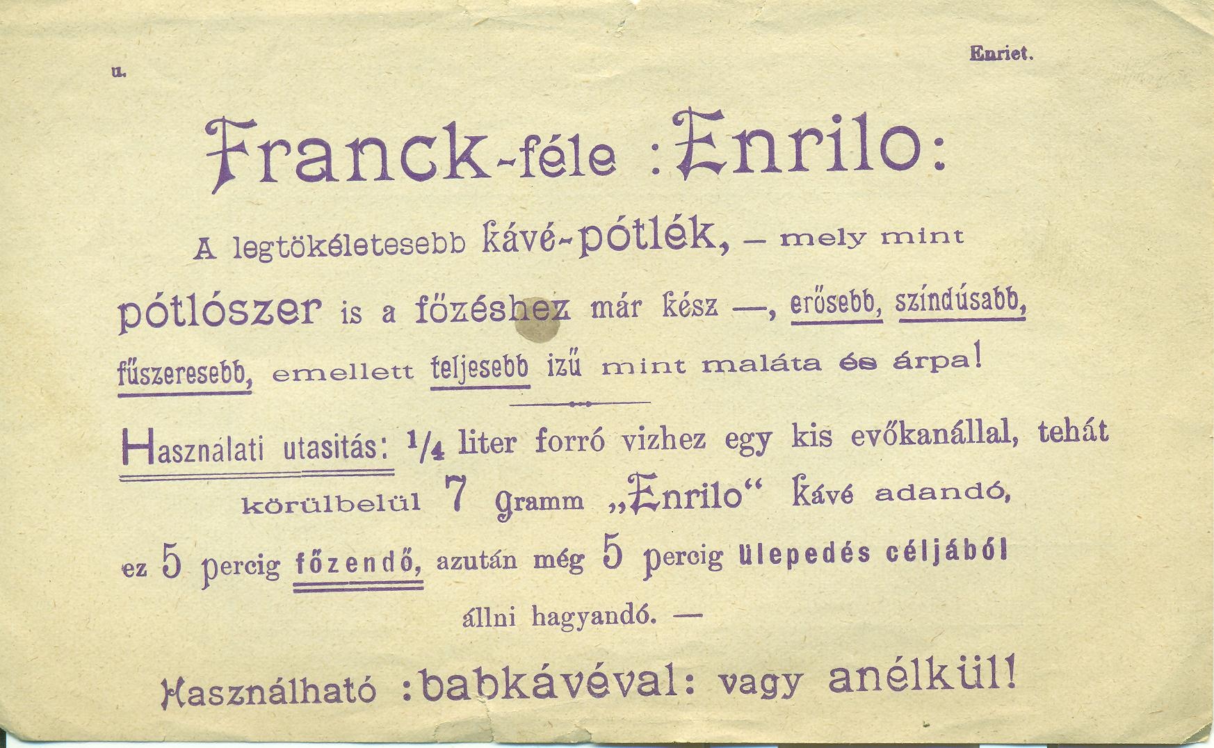 Franck-féle: Enrilo kávépótlék (Magyar Kereskedelmi és Vendéglátóipari Múzeum CC BY-NC-SA)