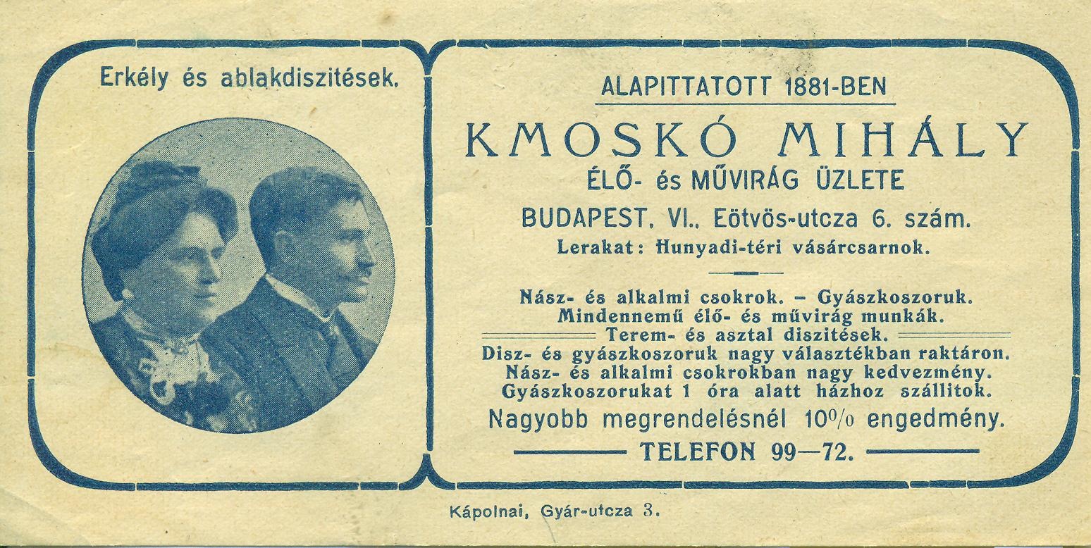 Kmoskó Mihály élő és művirág üzlete (Magyar Kereskedelmi és Vendéglátóipari Múzeum CC BY-NC-SA)