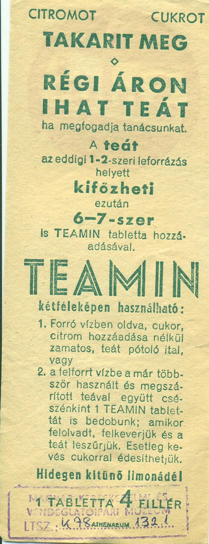 Teamin tabletta (Magyar Kereskedelmi és Vendéglátóipari Múzeum CC BY-NC-SA)
