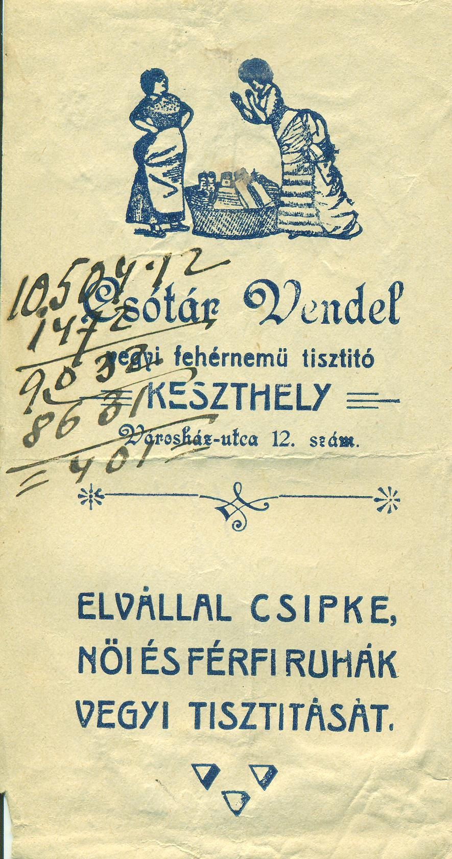 Csótár Vendel vegyi fehérnemű tisztítójának számolócédulája (Magyar Kereskedelmi és Vendéglátóipari Múzeum CC BY-NC-SA)
