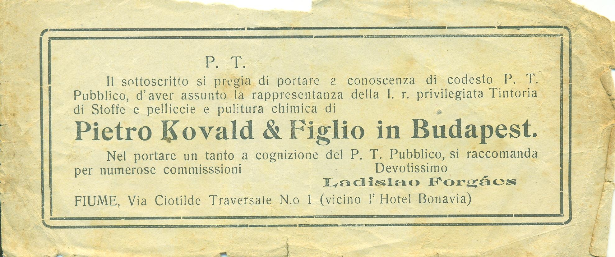 Pietro Kovald & Figlio ruhafestő és -tisztító cég (Magyar Kereskedelmi és Vendéglátóipari Múzeum CC BY-NC-SA)