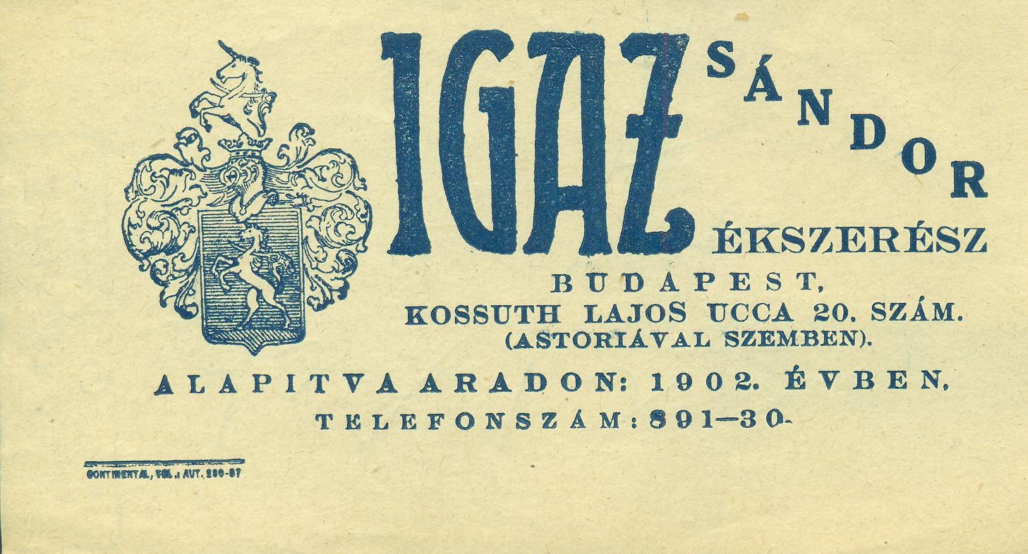 IGAZ SÁNDOR ÉKSZERÉSZ (Magyar Kereskedelmi és Vendéglátóipari Múzeum CC BY-NC-SA)