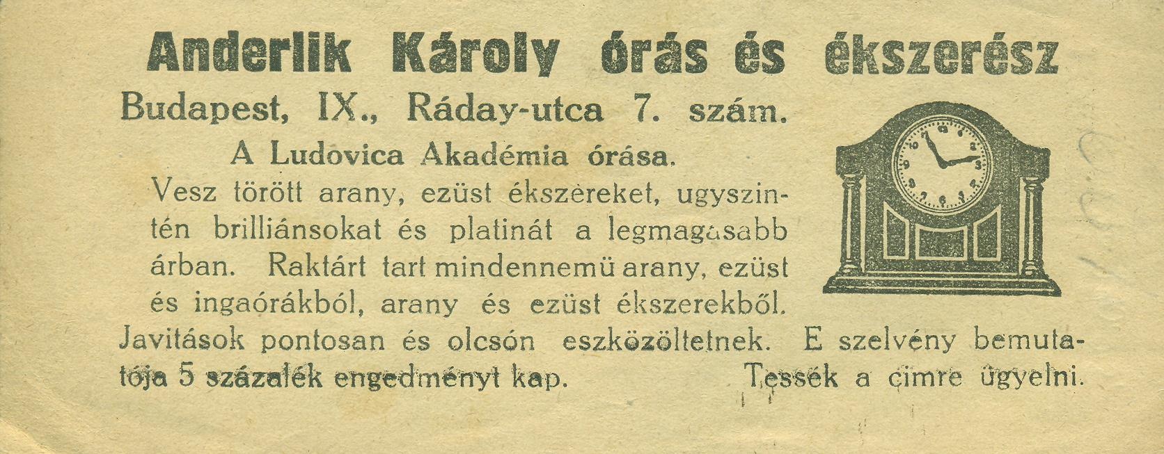 Anderlik Károly órás és ékszerész (Magyar Kereskedelmi és Vendéglátóipari Múzeum CC BY-NC-SA)