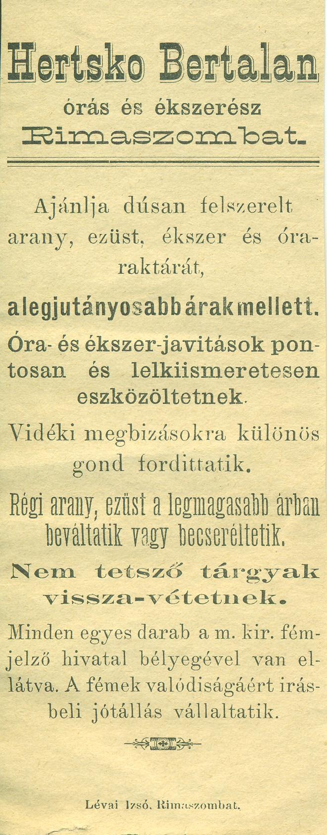 Hertsko Bertalan órás és ékszerész (Magyar Kereskedelmi és Vendéglátóipari Múzeum CC BY-NC-SA)