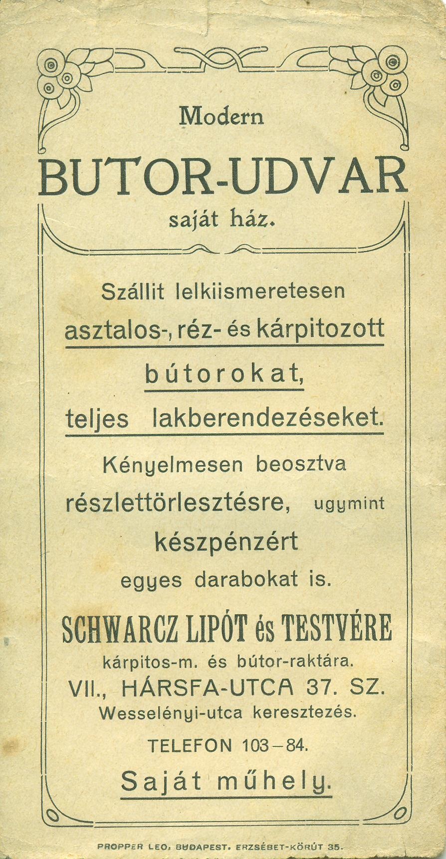 SCHWARCZ LIPÓT és TESTVÉRE kárpitos-m. és bútor-raktára (Magyar Kereskedelmi és Vendéglátóipari Múzeum CC BY-NC-SA)