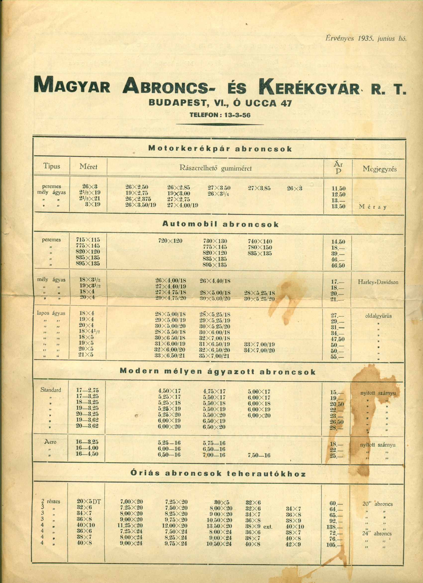 Magyar Abroncs- és Kerékgyár R. T. árjegyzéke (Magyar Kereskedelmi és Vendéglátóipari Múzeum CC BY-NC-SA)