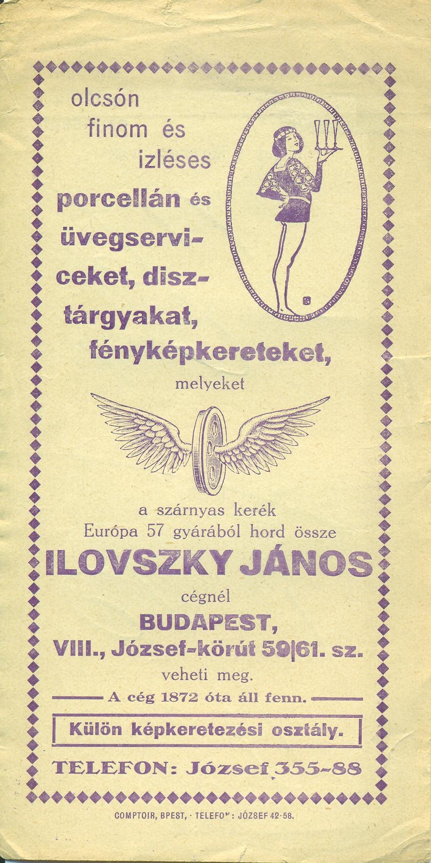 Ilovszky János, üveg-, porcelán-, képkeret és díszmű árú cég (Magyar Kereskedelmi és Vendéglátóipari Múzeum CC BY-NC-SA)