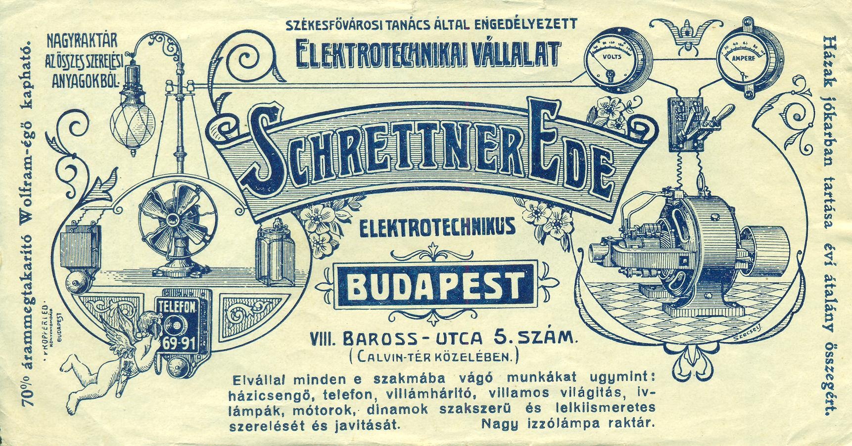 ELEKTROTECHNIKAI VÁLLALAT, SCHRETTNEREDE, ELEKTROTECHNIKUS (Magyar Kereskedelmi és Vendéglátóipari Múzeum CC BY-NC-SA)