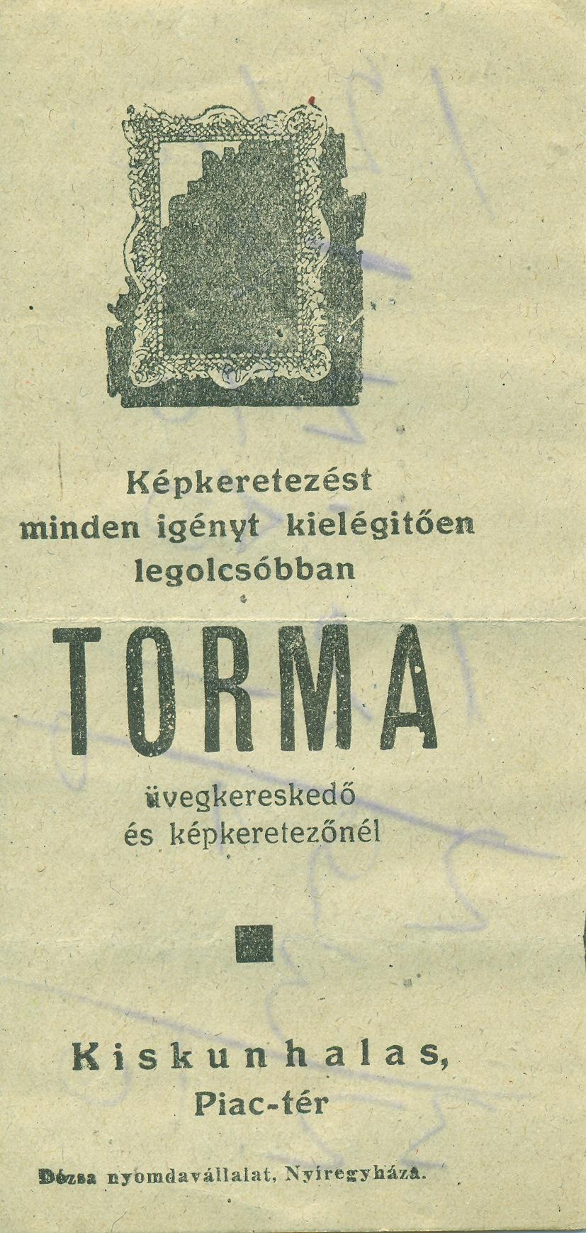 TORMA üvegkereskedő és képkeretező (Magyar Kereskedelmi és Vendéglátóipari Múzeum CC BY-NC-SA)