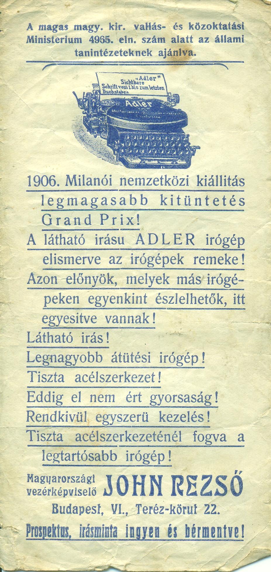 ADLER írógép (Magyar Kereskedelmi és Vendéglátóipari Múzeum CC BY-NC-SA)
