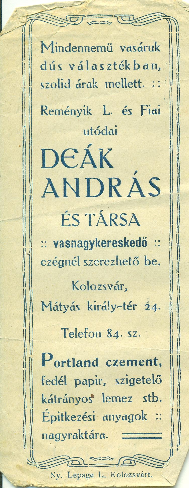 DEÁK ANDDRÁS ÉS TÁRSA vasnagykereskedő (Magyar Kereskedelmi és Vendéglátóipari Múzeum CC BY-NC-SA)