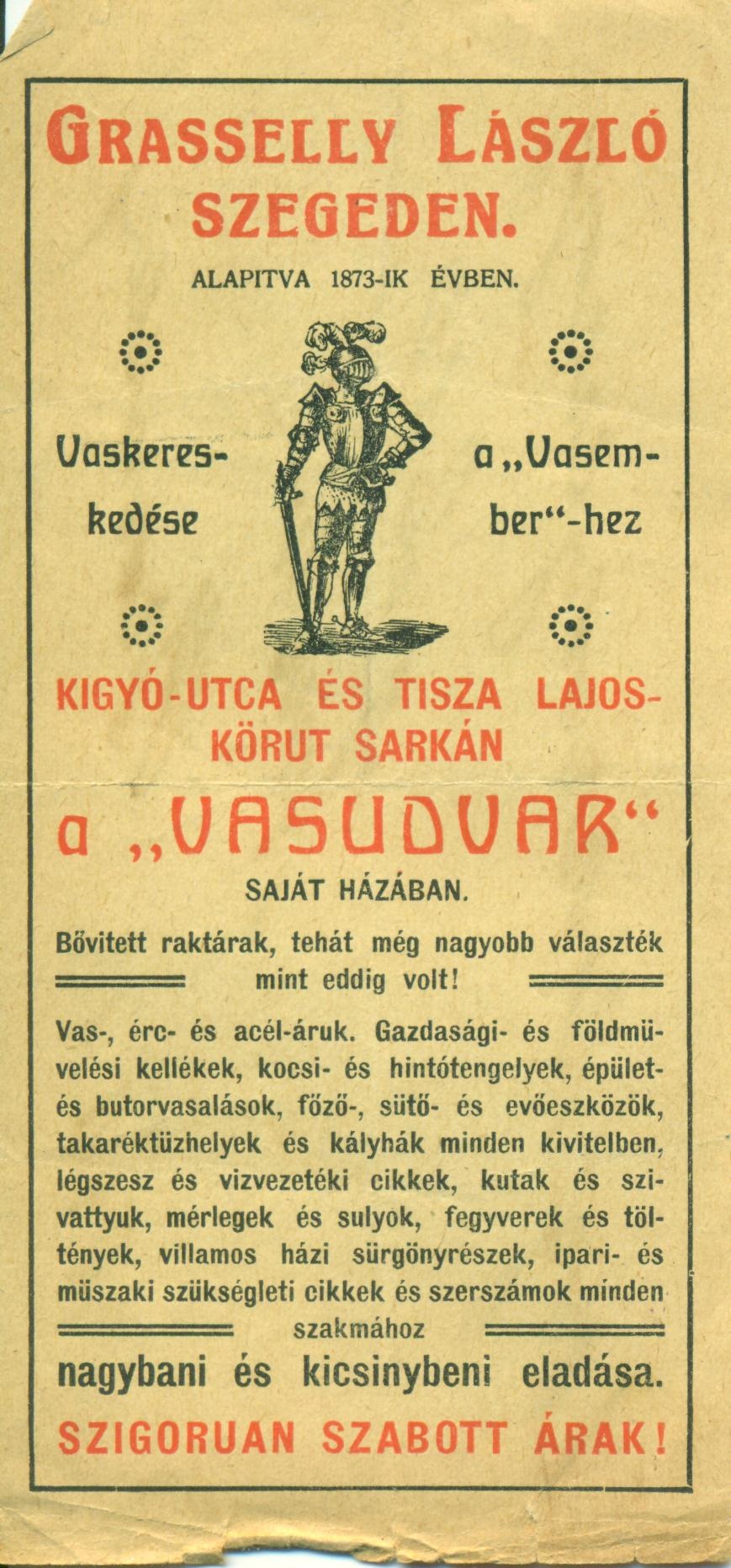 Grasselly László vaskereskedése a "vasember"-hez Szeged (Magyar Kereskedelmi és Vendéglátóipari Múzeum CC BY-NC-SA)