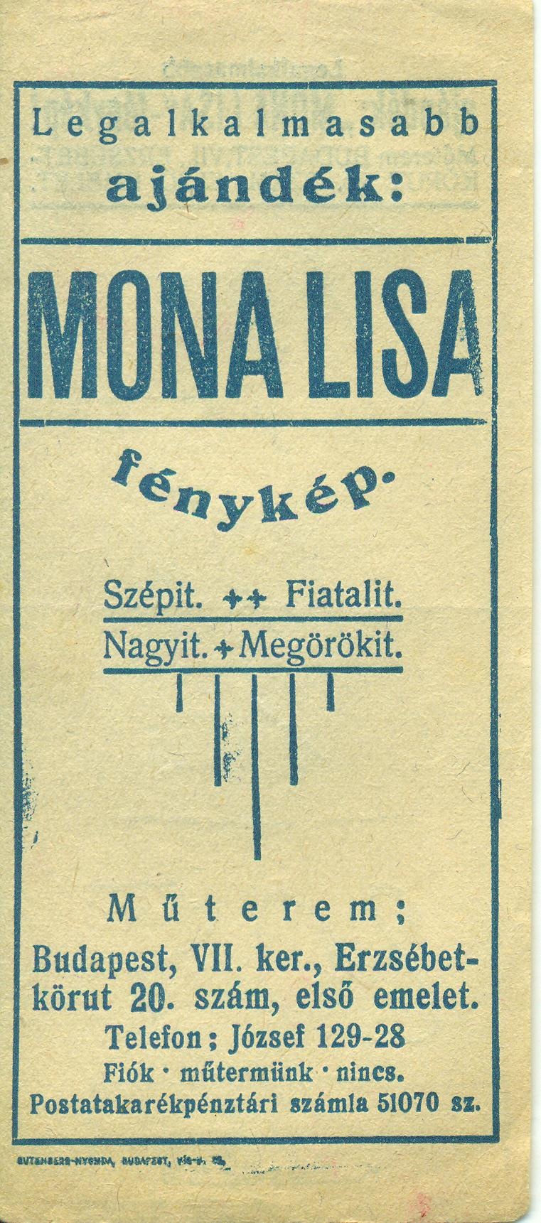 MONA LISA fénykép/Műterem (Magyar Kereskedelmi és Vendéglátóipari Múzeum CC BY-NC-SA)