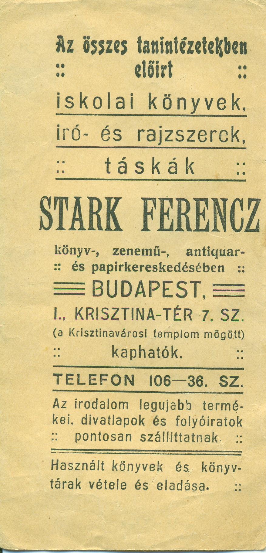 STARK FERENCZ könyv-, zenemű-, antiquar- és papírkereskedése (Magyar Kereskedelmi és Vendéglátóipari Múzeum CC BY-NC-SA)