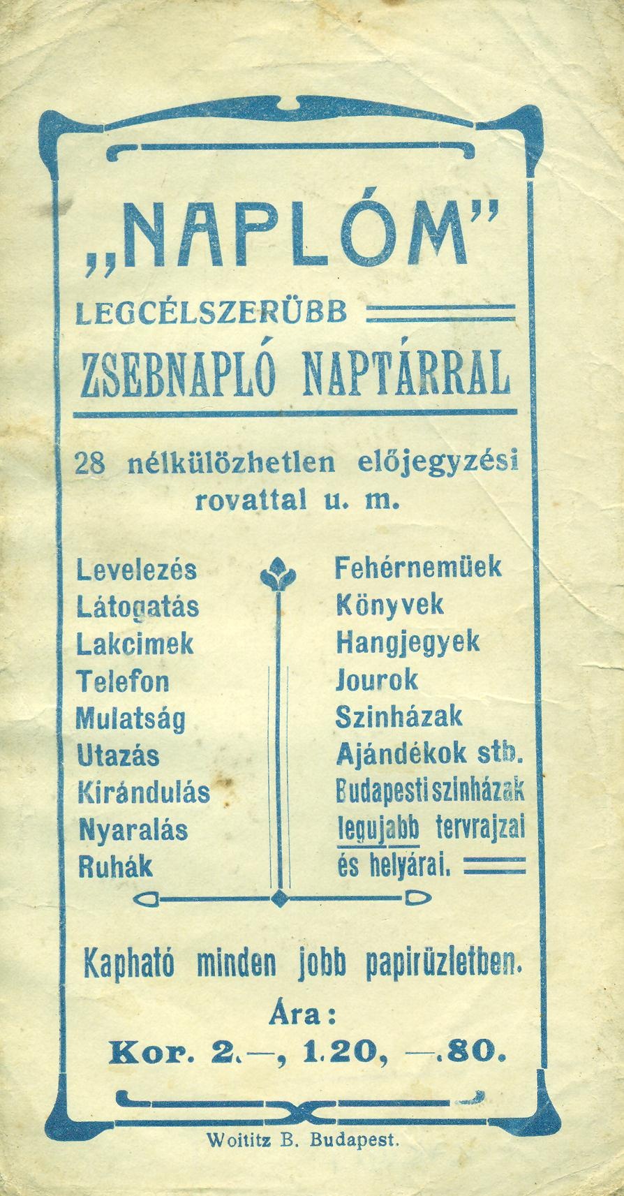 "NAPLÓM" LEGCÉLSZERŰBB ZSEBNAPLÓ NAPTÁRRAL (Magyar Kereskedelmi és Vendéglátóipari Múzeum CC BY-NC-SA)