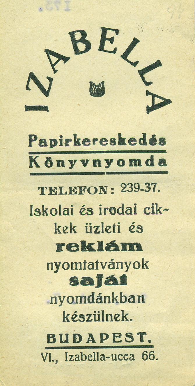 IZABELLA Papírkereskedés, Könyvnyomda (Magyar Kereskedelmi és Vendéglátóipari Múzeum CC BY-NC-SA)