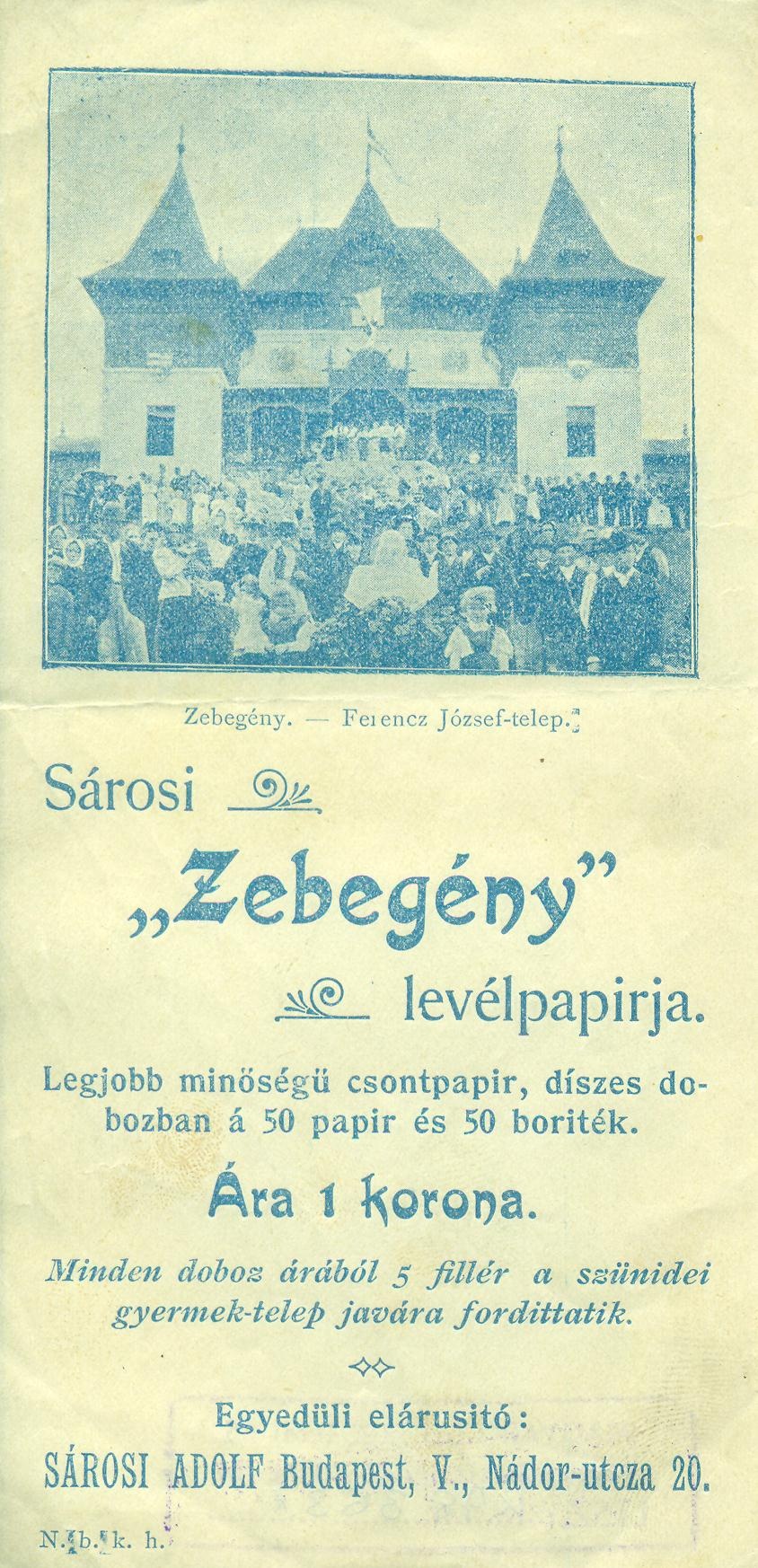 Sárosi "Zebegény" levélpapírja (Magyar Kereskedelmi és Vendéglátóipari Múzeum CC BY-NC-SA)