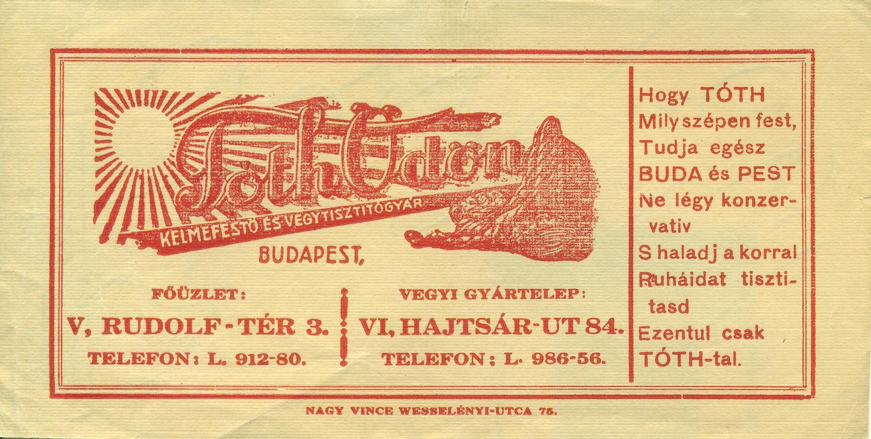 TÓTH ÖDÖN kelmefestő és vegytisztító, BUDAPEST (Magyar Kereskedelmi és Vendéglátóipari Múzeum CC BY-NC-SA)