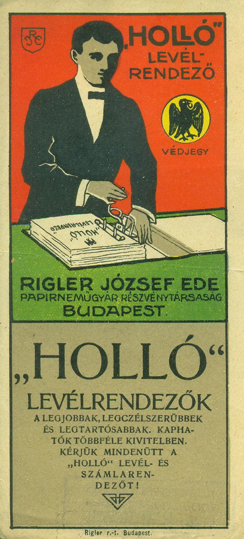 RIEGLER JÓZSEF EDE PAPÍRNEMŰGYÁR R.T.  BUDAPEST/ "HOLLÓ" LEVÉLRENDEZŐ (Magyar Kereskedelmi és Vendéglátóipari Múzeum CC BY-NC-SA)