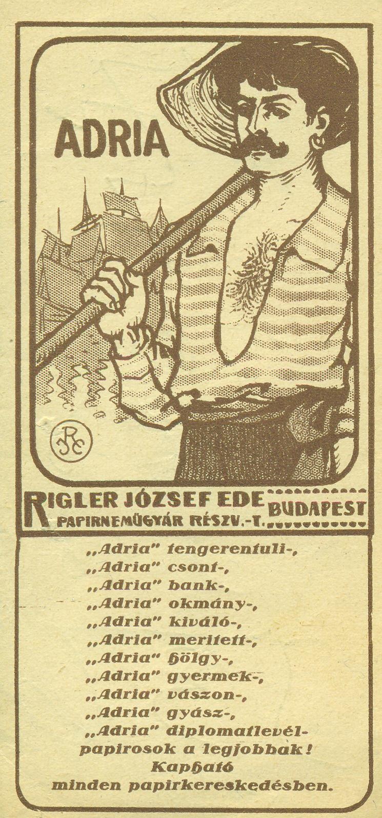 RIGLER JÓZSEF EDE PAPIRNEMŰGYÁR R.T.  BUDAPEST / ADRIA (Magyar Kereskedelmi és Vendéglátóipari Múzeum CC BY-NC-SA)