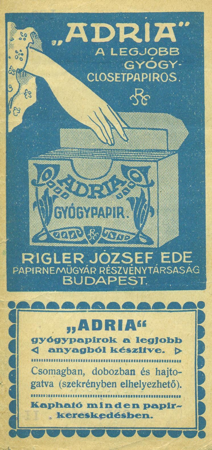 RIGLER JÓZSEF EDE PAPIRNEMŰGYÁR R.T.  BUDAPEST / ADRIA GYÓGYPAPÍR (Magyar Kereskedelmi és Vendéglátóipari Múzeum CC BY-NC-SA)