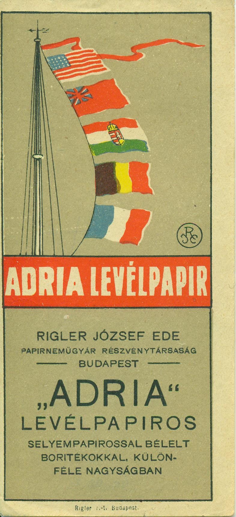 RIGLER JÓZSEF EDE PAPIRNEMŰGYÁR R.T.  BUDAPEST / ADRIA LEVÉLPAPIR (Magyar Kereskedelmi és Vendéglátóipari Múzeum CC BY-NC-SA)