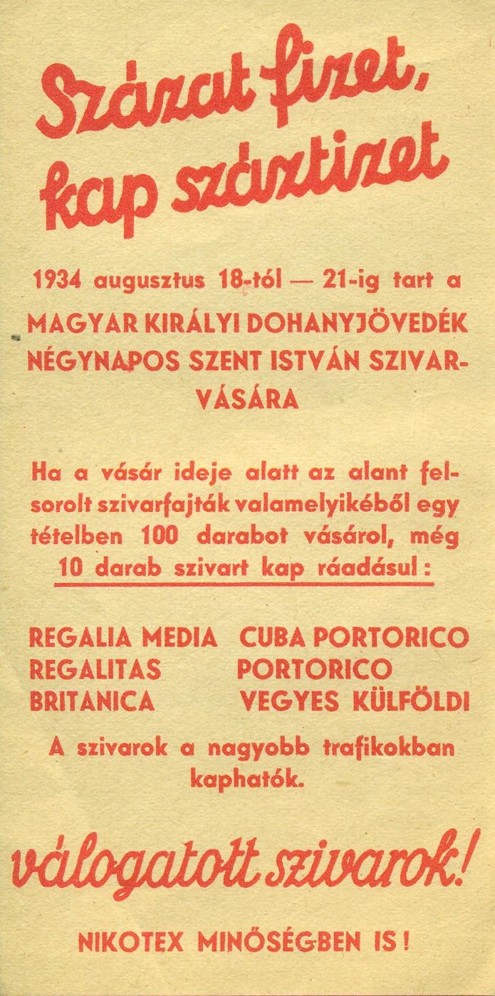 NÉGYNAPOS SZENT ISTVÁN SZIVAR VÁSÁRA (Magyar Kereskedelmi és Vendéglátóipari Múzeum CC BY-NC-SA)