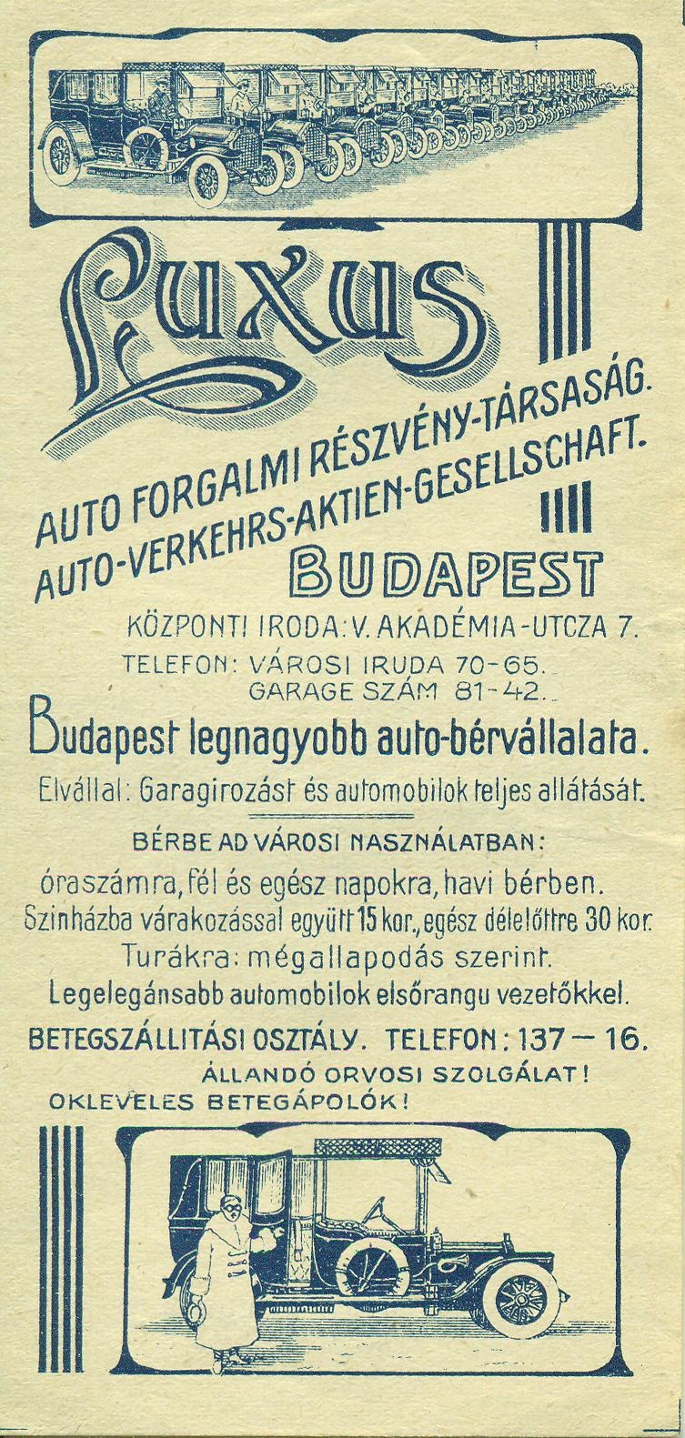 LUXUS AUTOFORGALMI RÉSZVÉNY-TÁRSASÁG BUDAPEST (Magyar Kereskedelmi és Vendéglátóipari Múzeum CC BY-NC-SA)