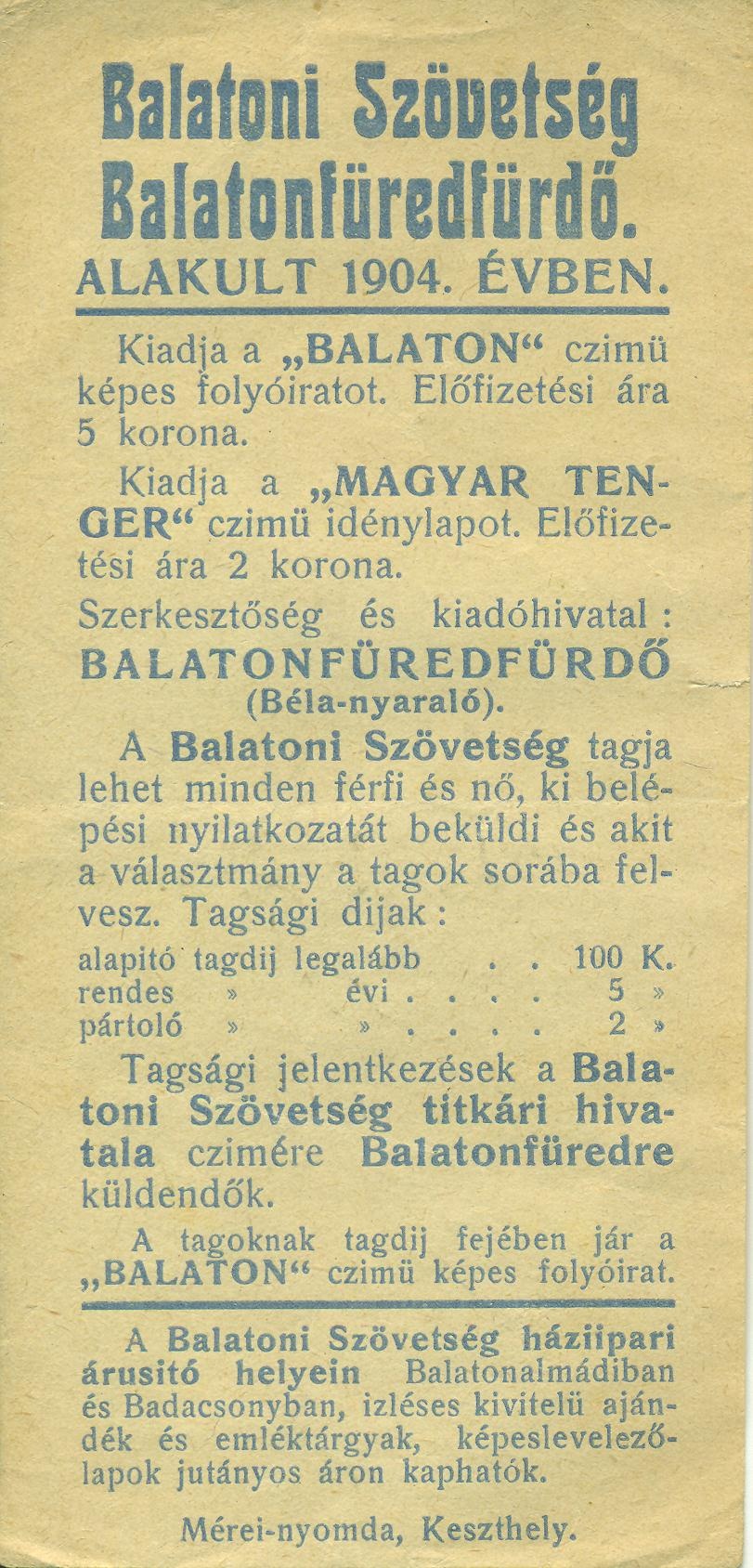 Balatoni Szövetség Balatonfüredfürdő. (Magyar Kereskedelmi és Vendéglátóipari Múzeum CC BY-NC-SA)