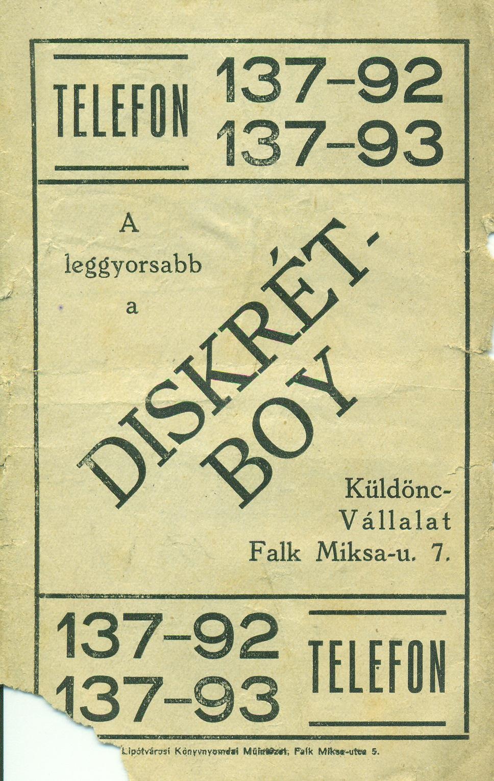 DISKRÉT - BOY Küldönc-Vállalat (Magyar Kereskedelmi és Vendéglátóipari Múzeum CC BY-NC-SA)