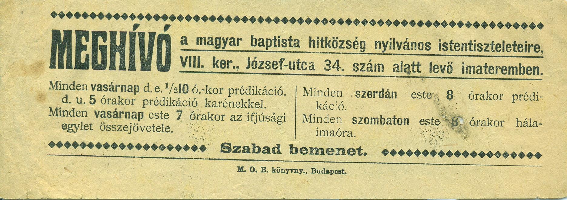 Meghívó a magyar baptista hitközség nyilvános istentiszteleteire (Magyar Kereskedelmi és Vendéglátóipari Múzeum CC BY-NC-SA)