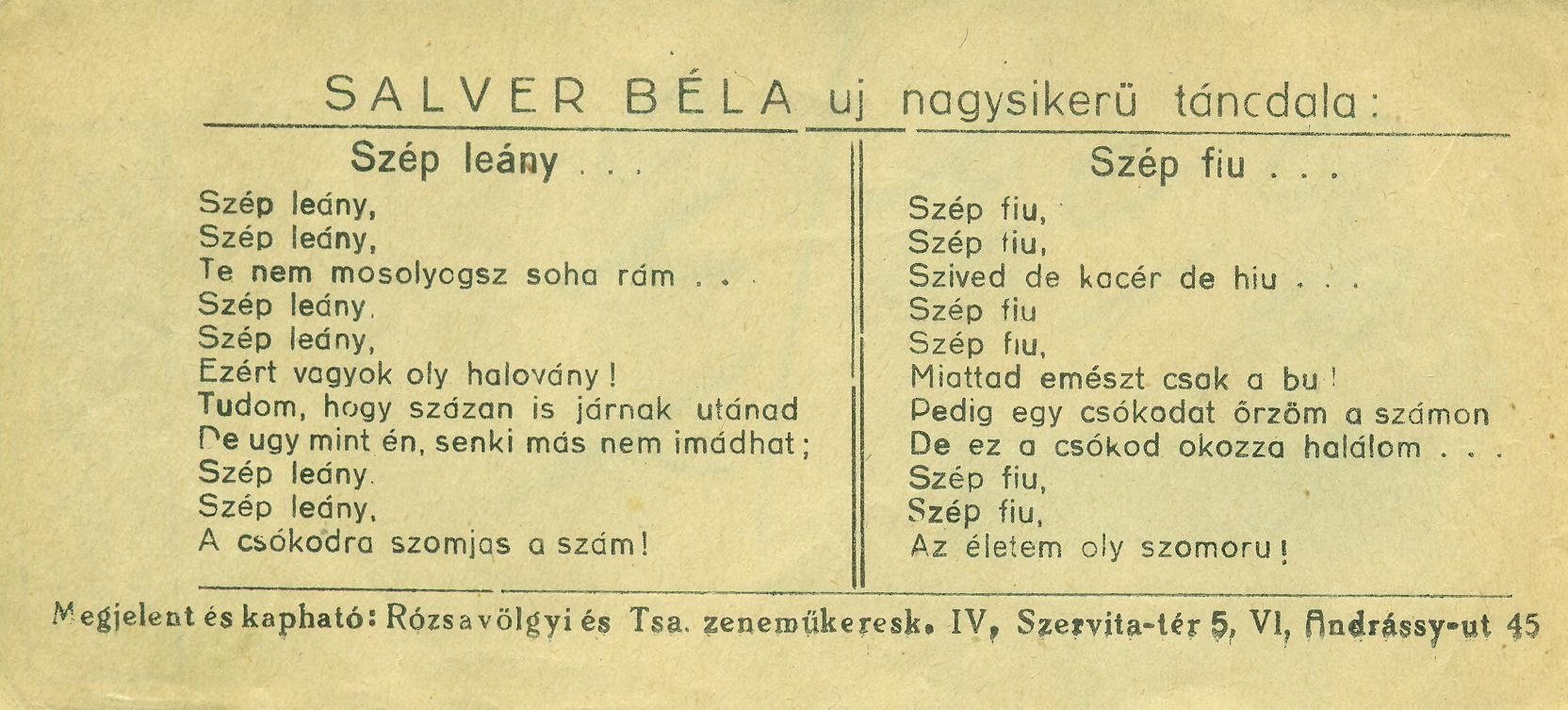 SALVER BÉLA nagysikerű táncdala: Szép leány... Szép fiu... (Magyar Kereskedelmi és Vendéglátóipari Múzeum CC BY-NC-SA)
