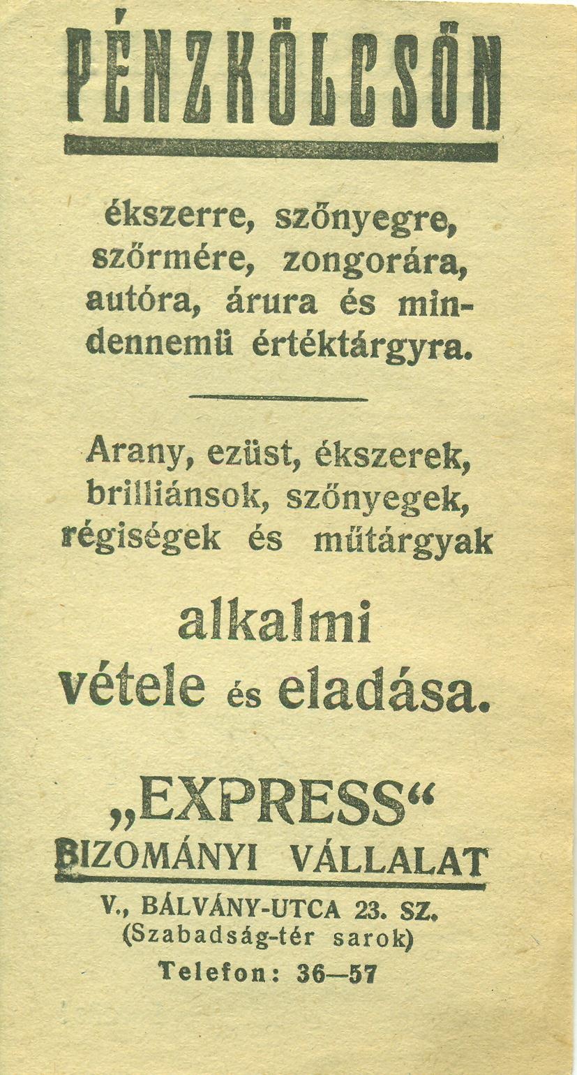 " EXPRESS" BIZOMÁNYI VÁLLALAT (Magyar Kereskedelmi és Vendéglátóipari Múzeum CC BY-NC-SA)