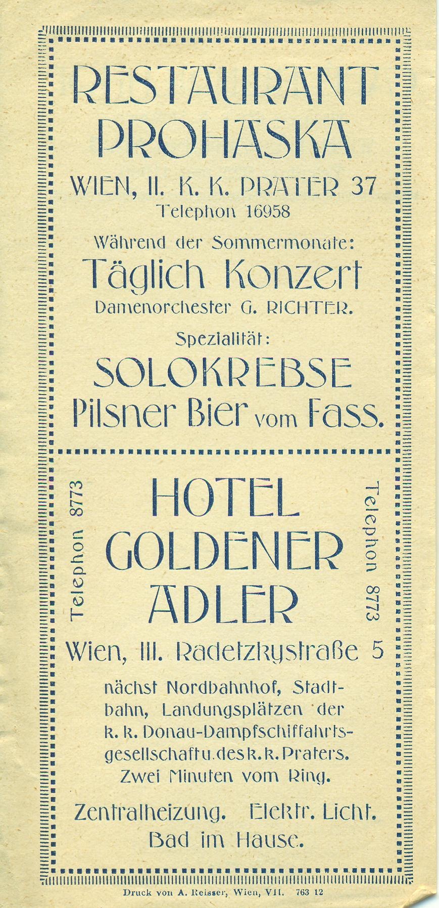 RESTAURANT PROHASKA / HOTEL GOLDENER ADLER / CAFÉ HEINRICHHOF (Magyar Kereskedelmi és Vendéglátóipari Múzeum CC BY-NC-SA)