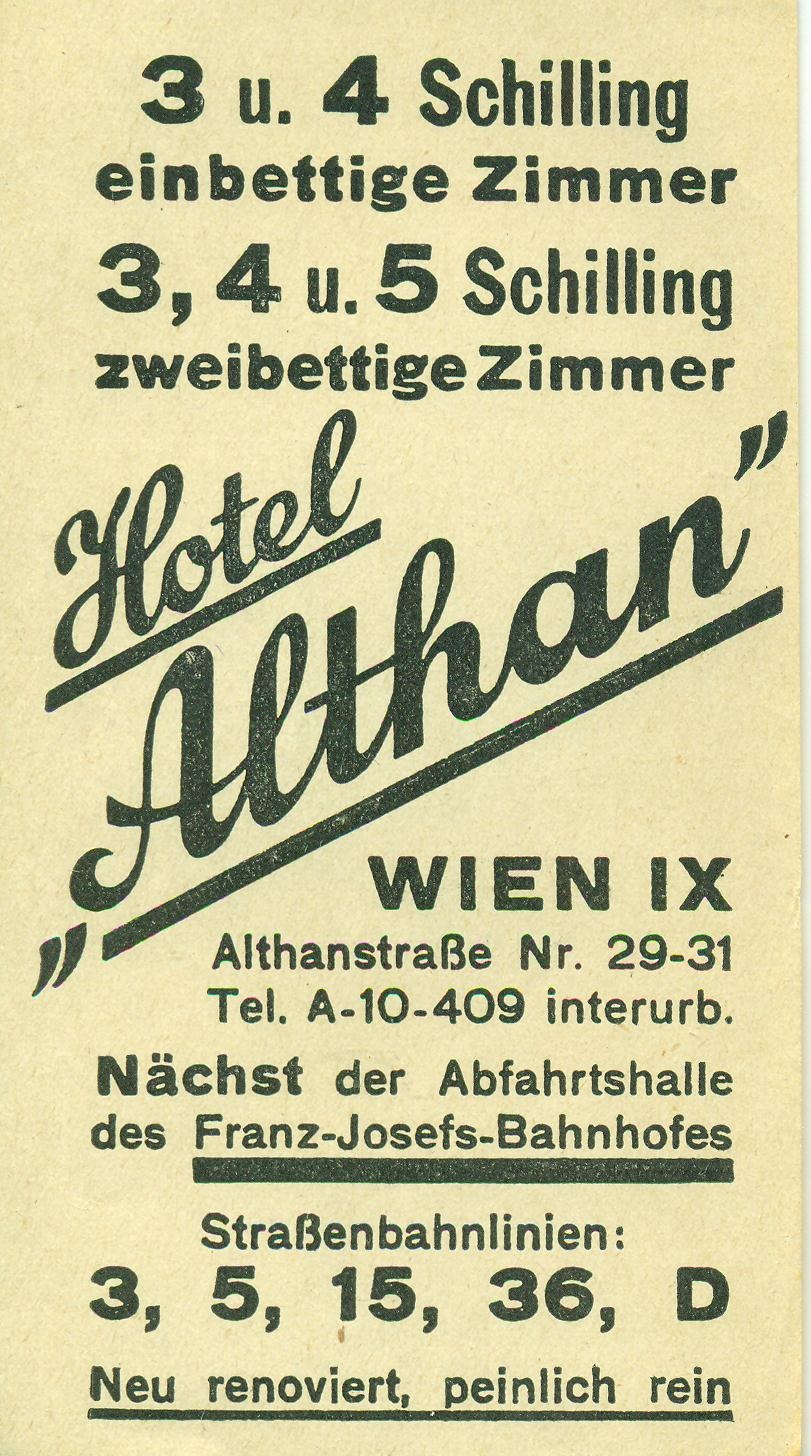 Hotel "Althan" Wien (Magyar Kereskedelmi és Vendéglátóipari Múzeum CC BY-NC-SA)