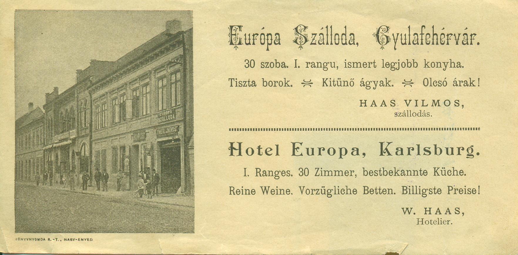 Európa Szálloda, Gyulafehérvár (Magyar Kereskedelmi és Vendéglátóipari Múzeum CC BY-NC-SA)