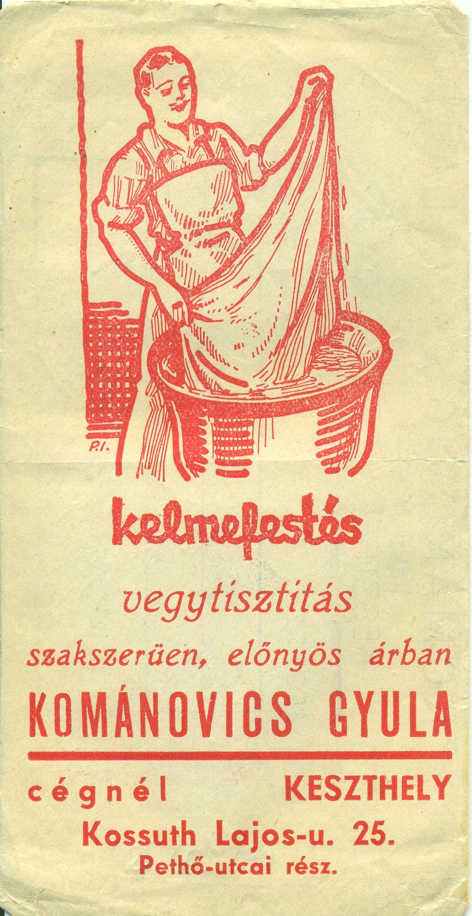 KOMÁNOVICS GYULA kelmefestő-vegytisztító, KESZTHELY (Magyar Kereskedelmi és Vendéglátóipari Múzeum CC BY-NC-SA)