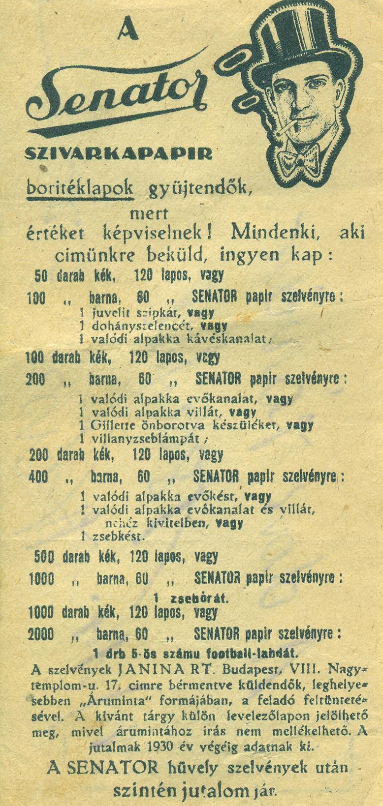 Senátor szivarkapapir (Magyar Kereskedelmi és Vendéglátóipari Múzeum CC BY-NC-SA)