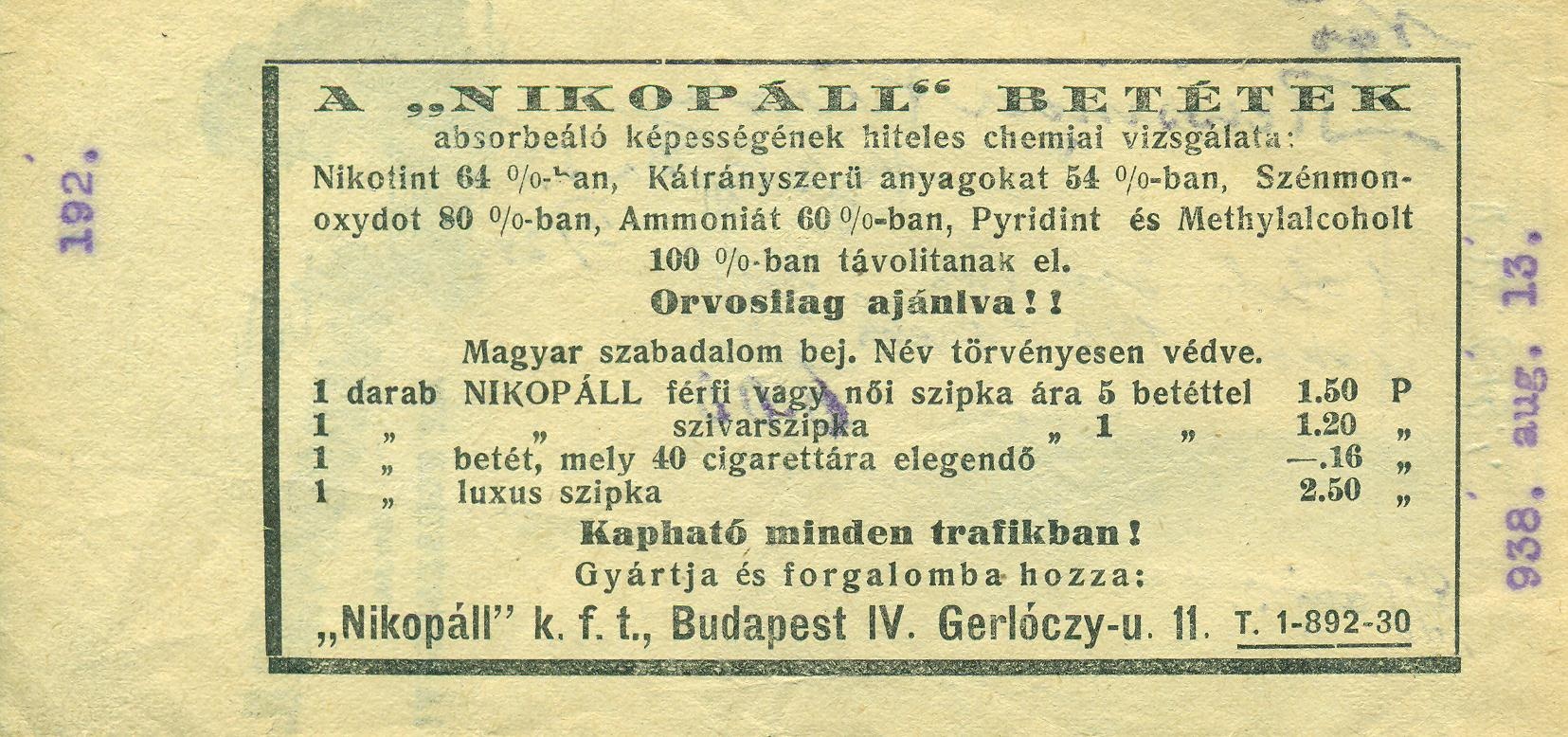 NIKOPÁLL BETÉTEK (Magyar Kereskedelmi és Vendéglátóipari Múzeum CC BY-NC-SA)