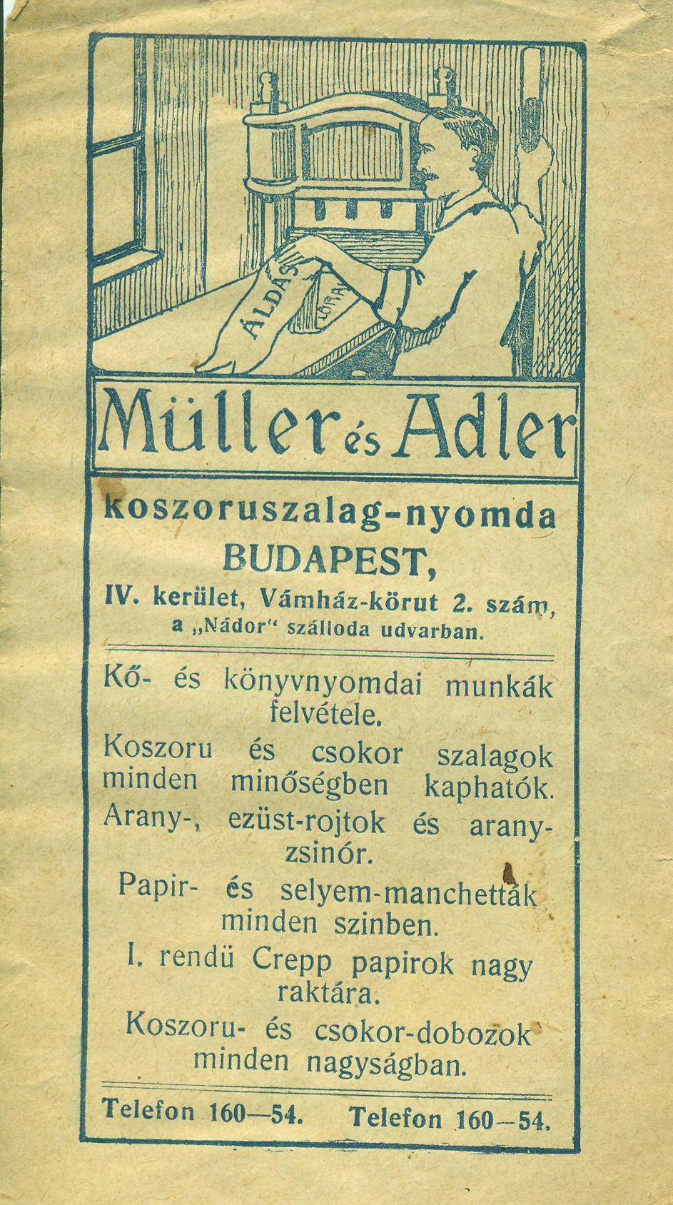 Müller és Adler koszoruszalag-nyomda, Budapest (Magyar Kereskedelmi és Vendéglátóipari Múzeum CC BY-NC-SA)